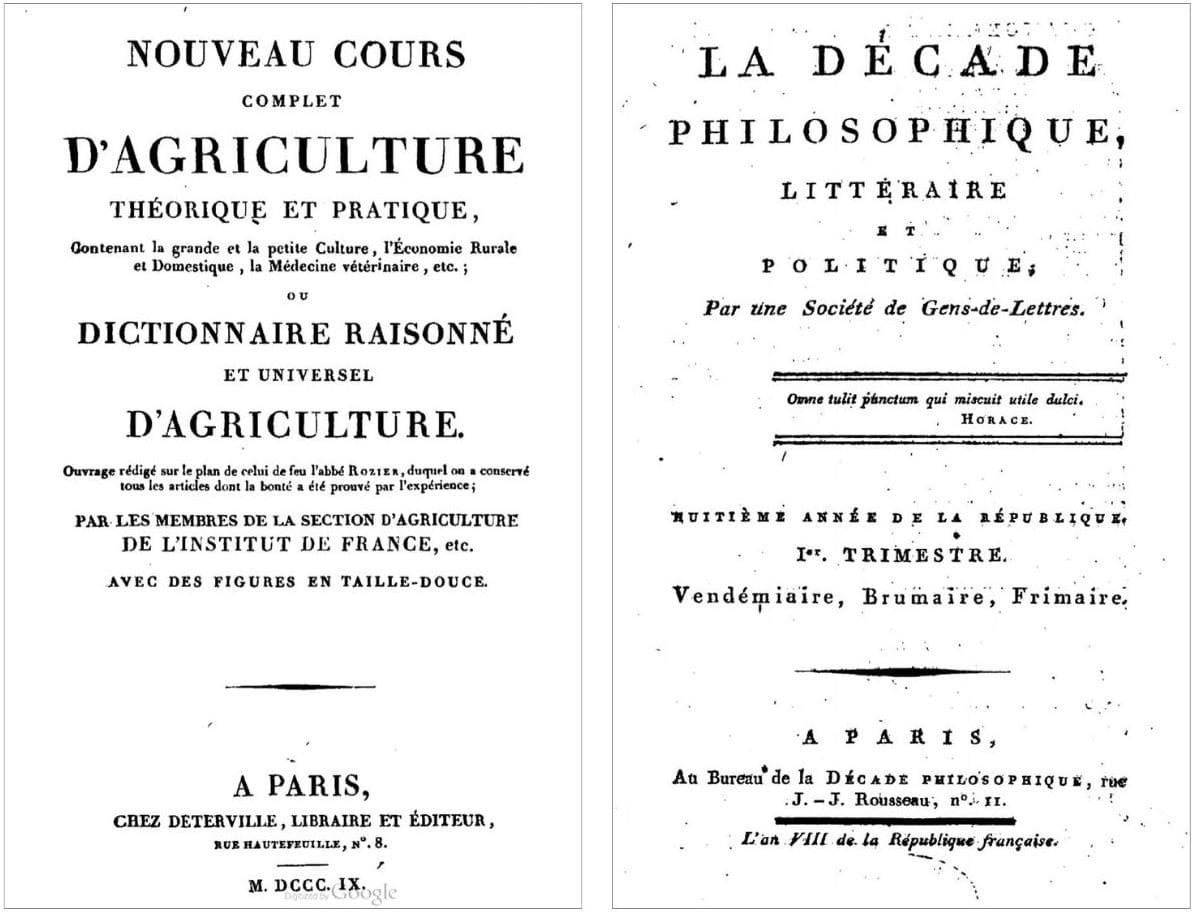 Dictionnaire raisonné et universel d’Agriculture et La décade philosophique littéraire et politique